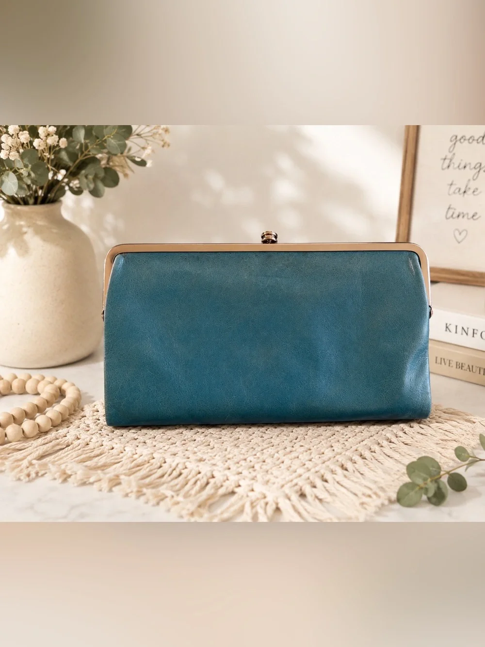 HOBO Teal Frame-Top Leather Clutch Wallet